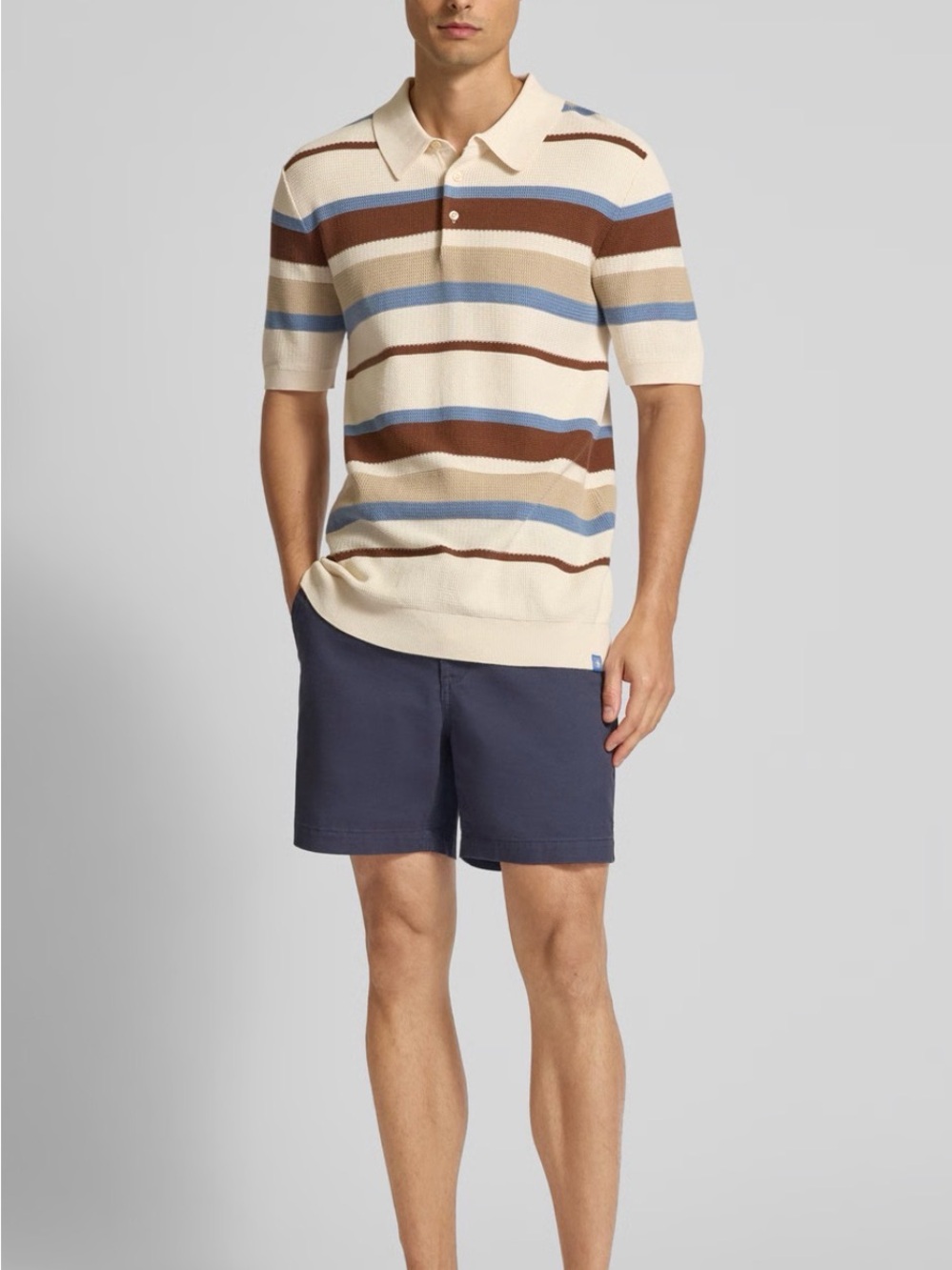 SCOTCH & SODA Field Notes-Striped Knit Polo in Cream, Brown & Blue. Men’s